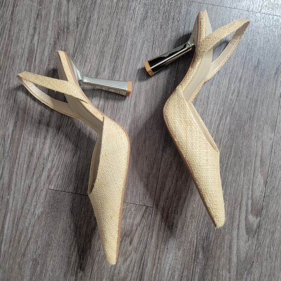 Zara Tan Raffia Straw Slingback Woven Pointed Toe Silver Fan Heel Shoes 39 US 8 - Picture 7 of 13